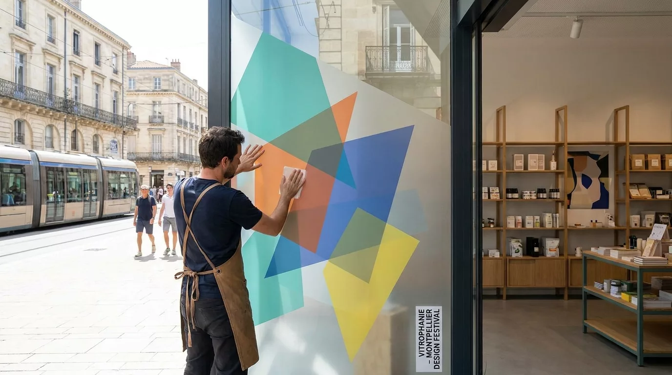 Adhésif micro-perforé Montpellier : habillage vitrine sans perdre la lumière