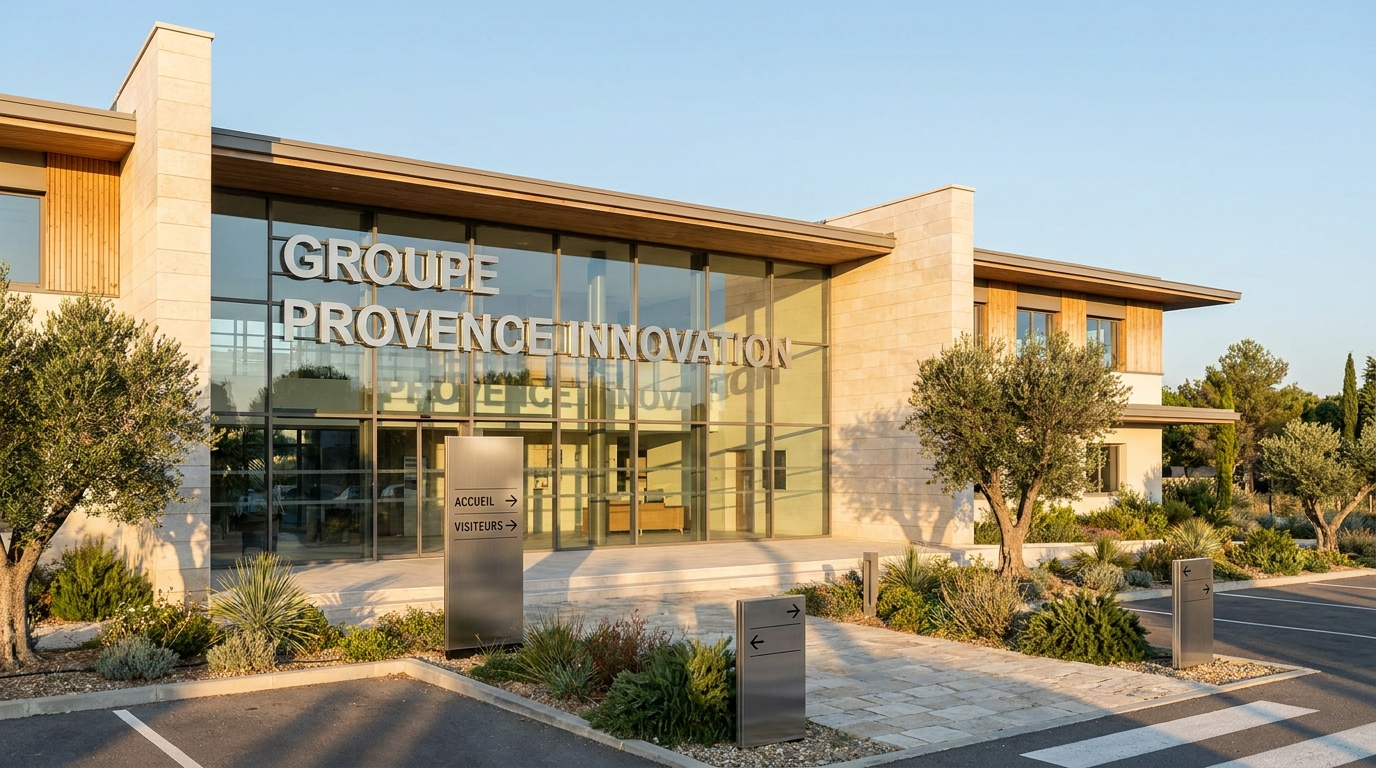 Entrée d'un immeuble de bureaux à Montpellier avec enseigne aluminium et signalétique extérieure professionnelle