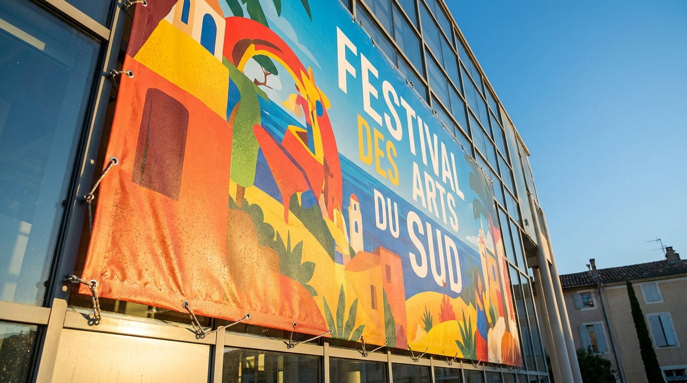 Bâche publicitaire grand format en PVC imprimée posée sur facade de batiment dans lHerault pres de Montpellier