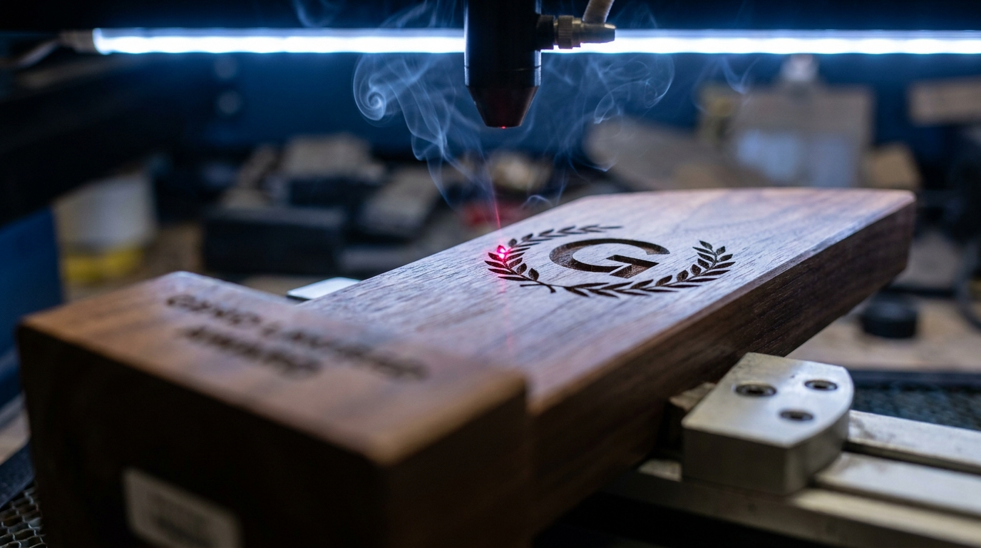 Machine de gravure laser gravant un trophee en bois dans un atelier pres de Montpellier, Herault