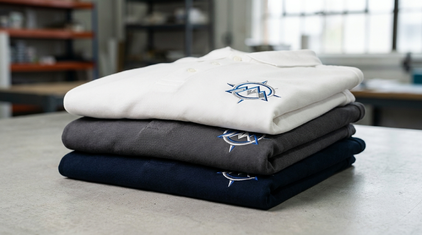 Polos professionnels brodes avec logo entreprise, flocage textile realise par APPLIQUE pres de Montpellier dans l Herault