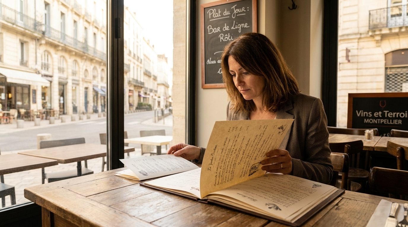Restauratrice consultant des menus imprimés dans un restaurant de Montpellier avec signalétique visible en arrière-plan