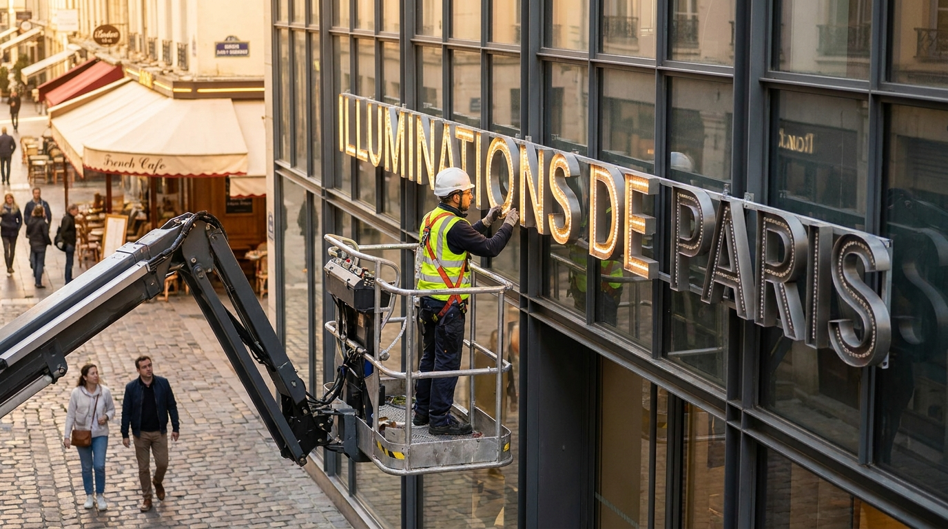 Poseur de signalétique en train d'installer une enseigne à lettres LED sur la façade d'un commerce à Montpellier