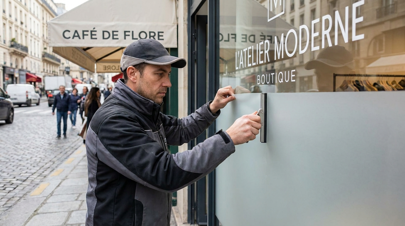 Poseur professionnel appliquant un adhésif vitrine dépoli sur une devanture de commerce à Montpellier