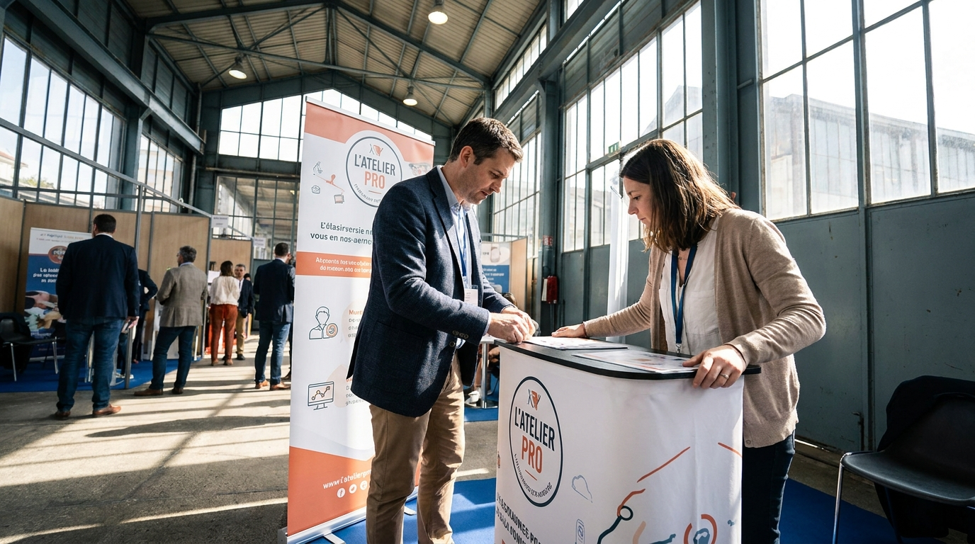 Deux professionnels installent les éléments de signalétique d'un stand de salon événementiel dans un parc d'expositions à Montpellier