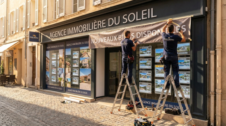Signalétique agence immobilière à Montpellier : vitrine, terrain et bureau