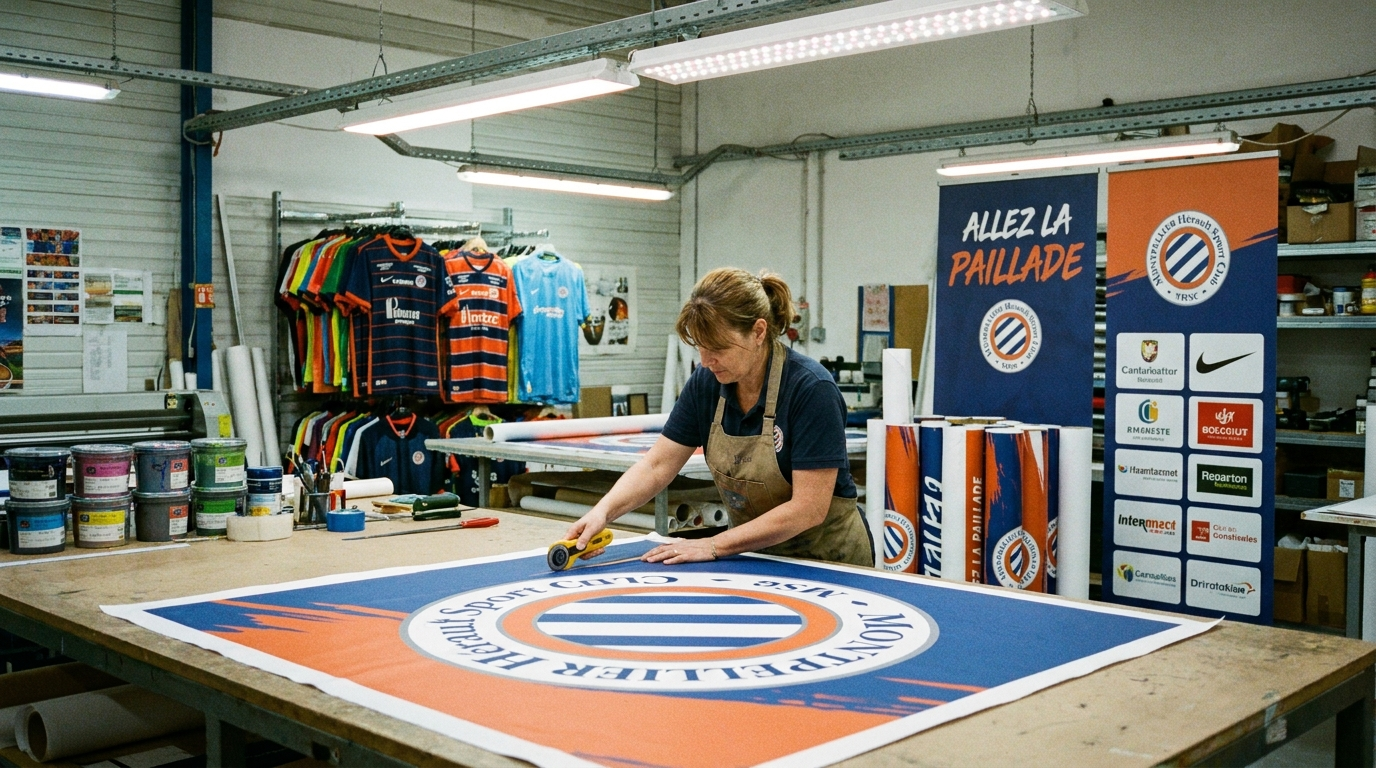Impression grand format de banderoles et maillots pour club sportif dans l'atelier APPLIQUE à Montpellier
