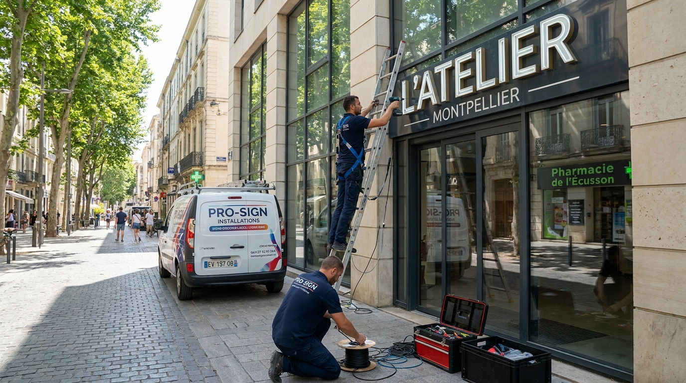 Techniciens Applique posant une enseigne lumineuse sur une façade commerciale à Montpellier