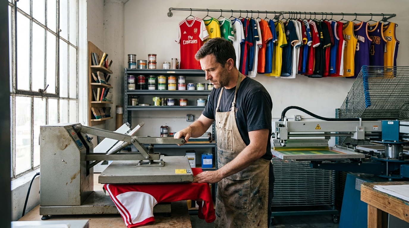 Atelier d'impression de maillots personnalisés avec flocage thermique, maillots colorés suspendus en arrière-plan