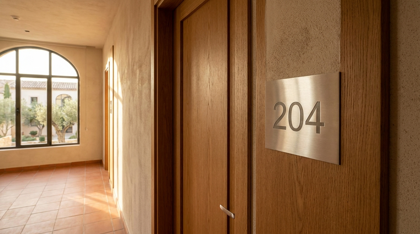 Poseur de signalétique installant un numéro de chambre en inox brossé dans un couloir d'hôtel à Montpellier
