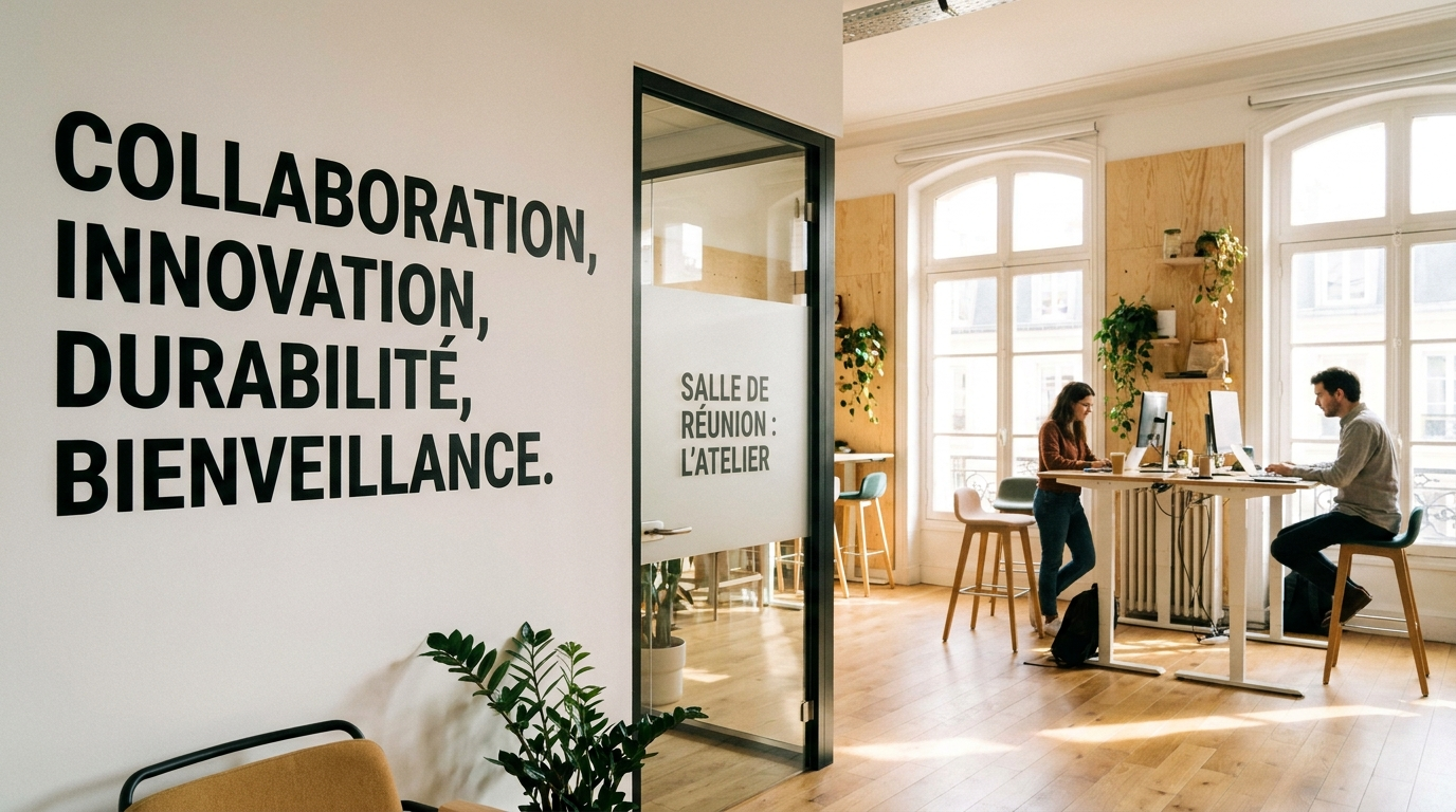 Lettrage mural et signalétique de salle de réunion dans un espace de coworking moderne à Montpellier