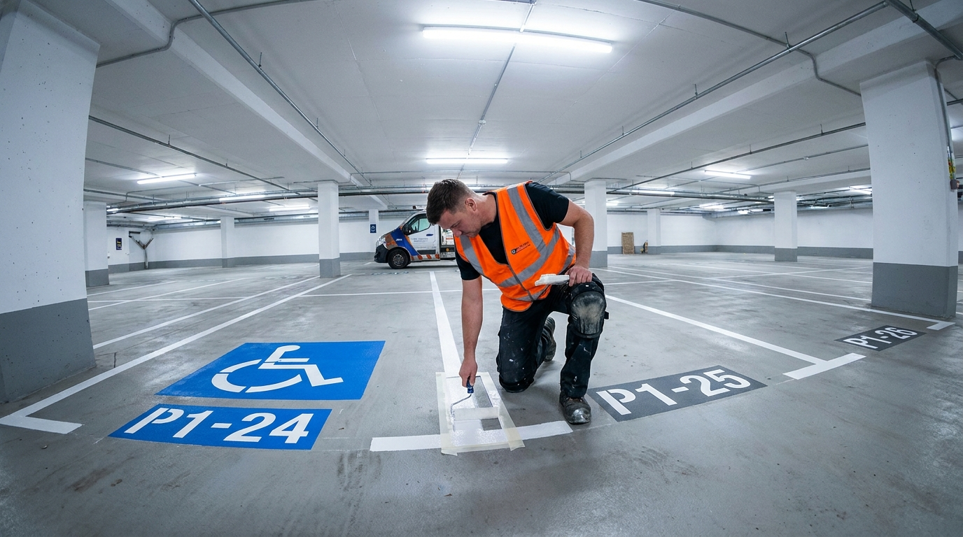 Technicien en train de réaliser le marquage au sol d'un parking de copropriété, avec places PMR et flèches de circulation