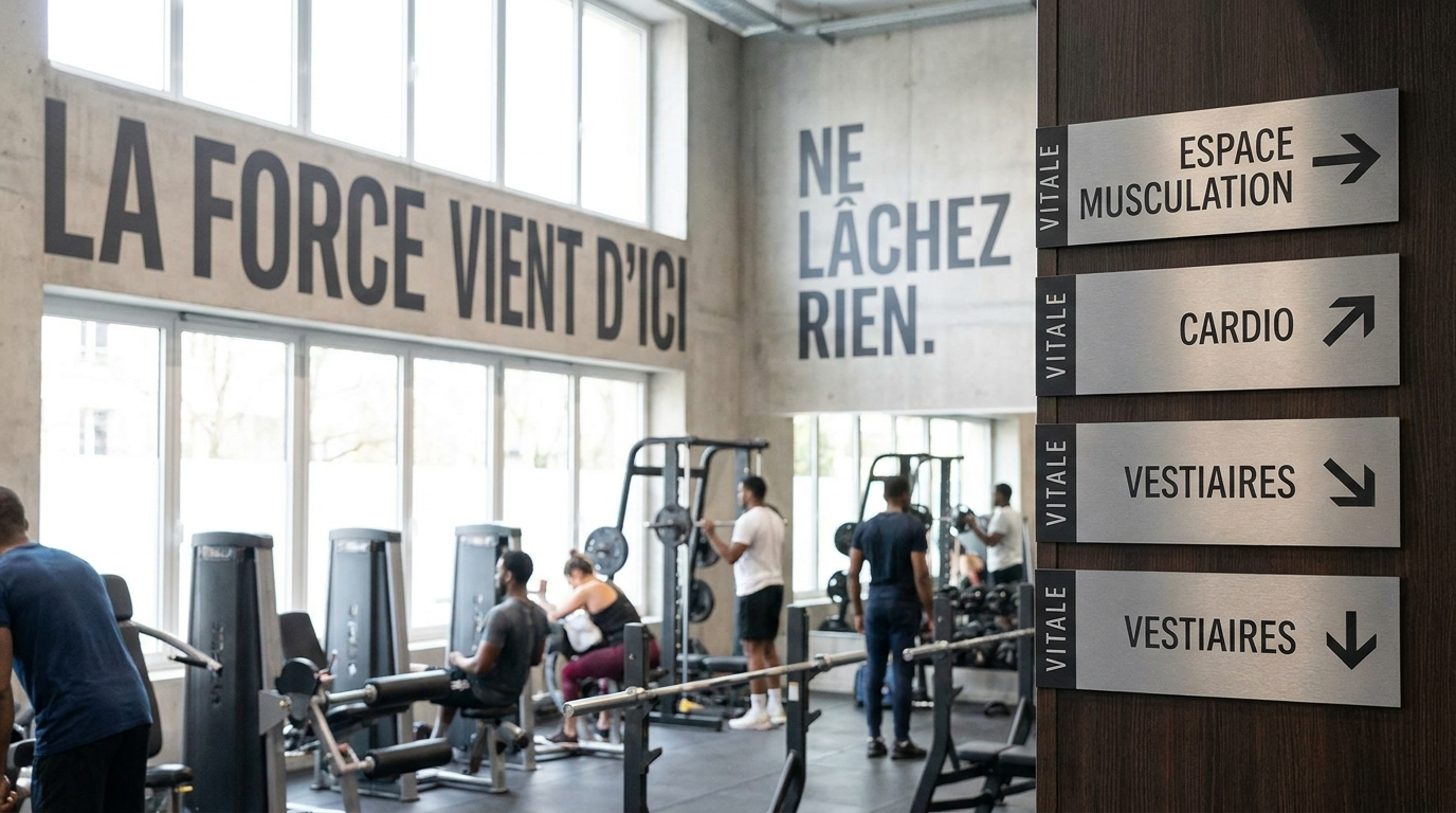 Signalétique directionnelle et motivationnelle installée dans une salle de sport moderne à Montpellier