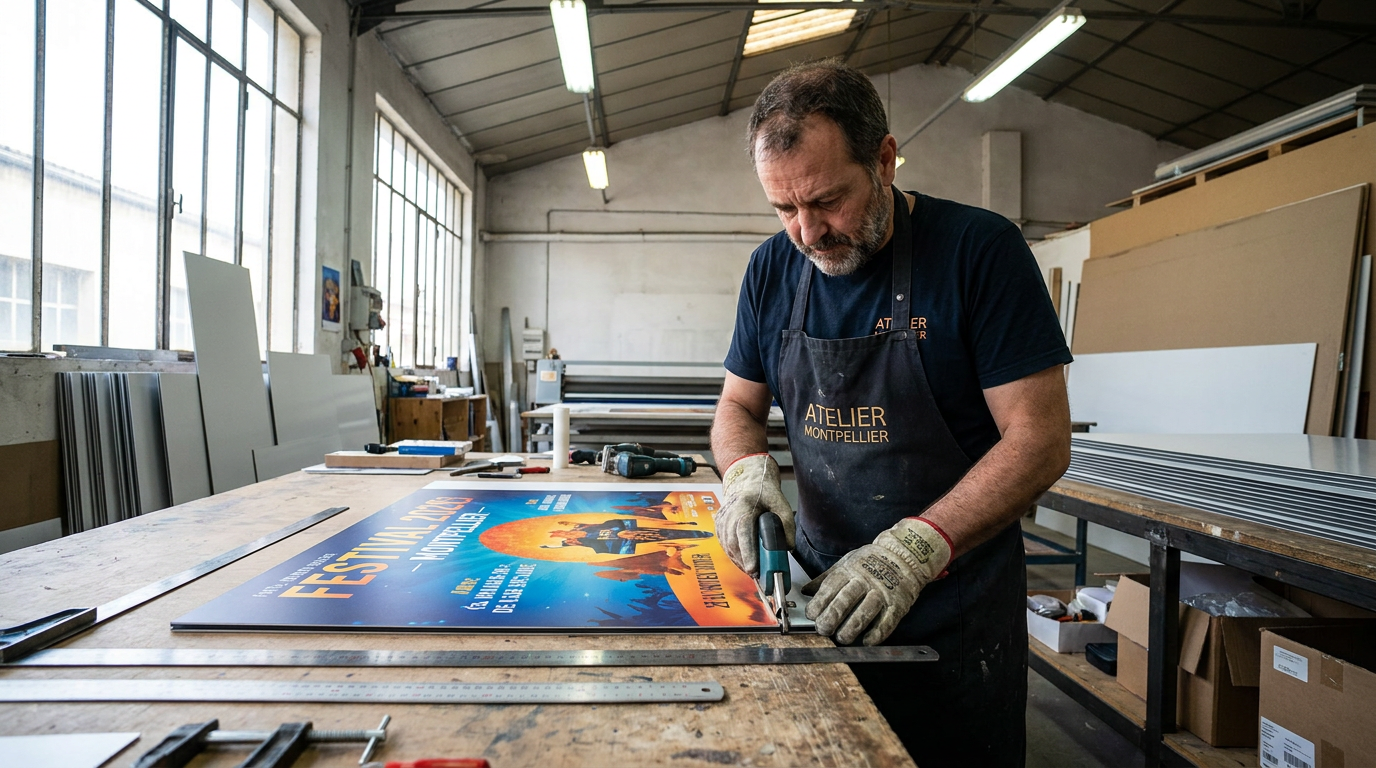 Technicien découpe un panneau Dibond aluminium imprimé en grand format dans l'atelier APPLIQUE à Montpellier