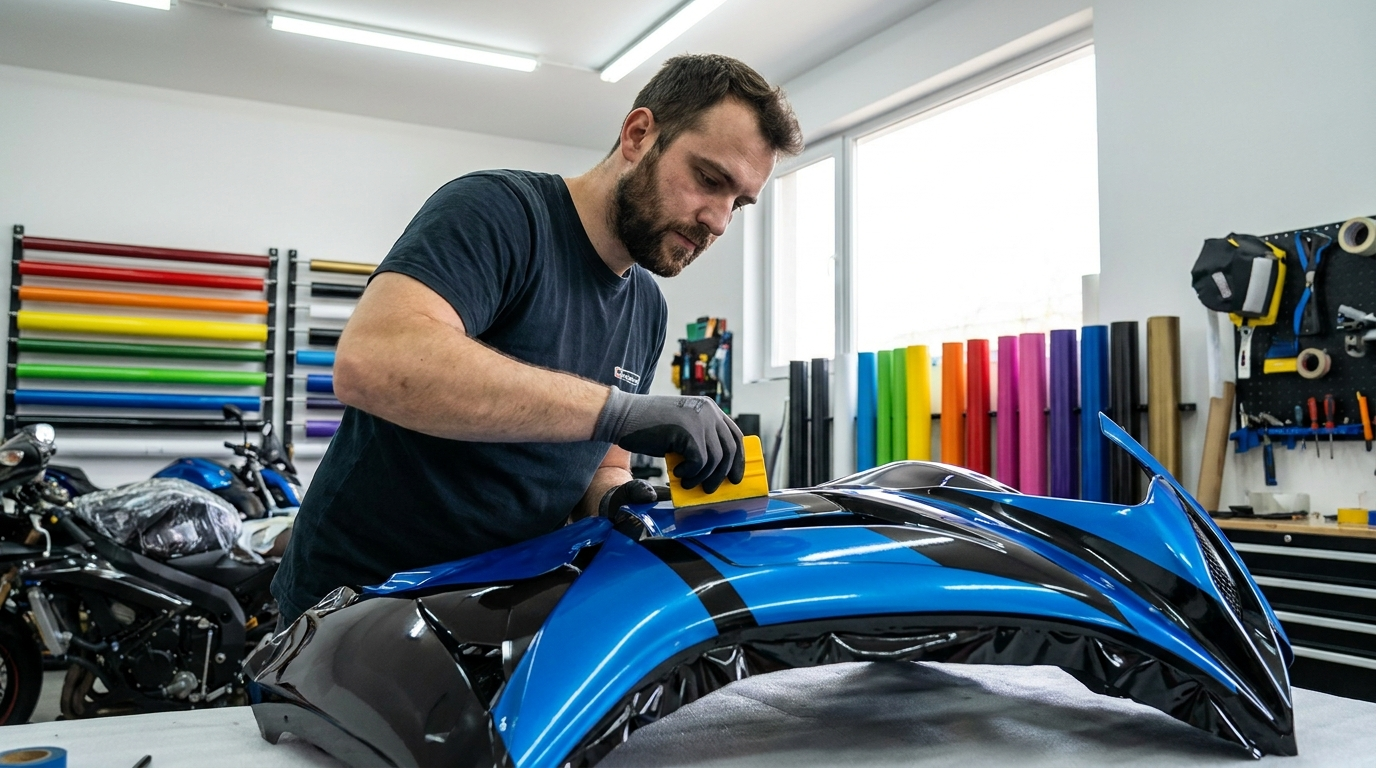 Technicien posant un film covering sur le carénage d'une moto sportive dans l'atelier APPLIQUE à Montpellier