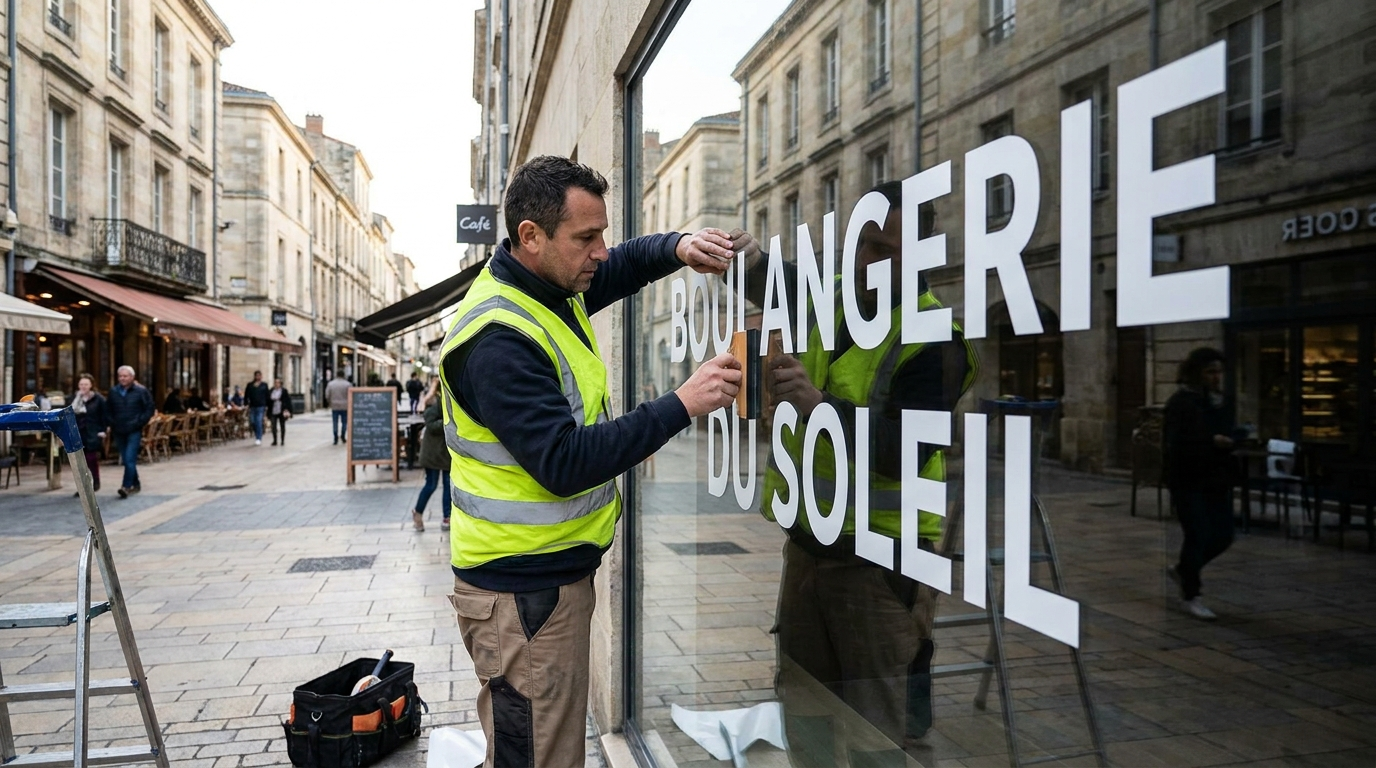 Poseur APPLIQUE appliquant un lettrage vinyle blanc sur la vitrine d'un commerce à Montpellier