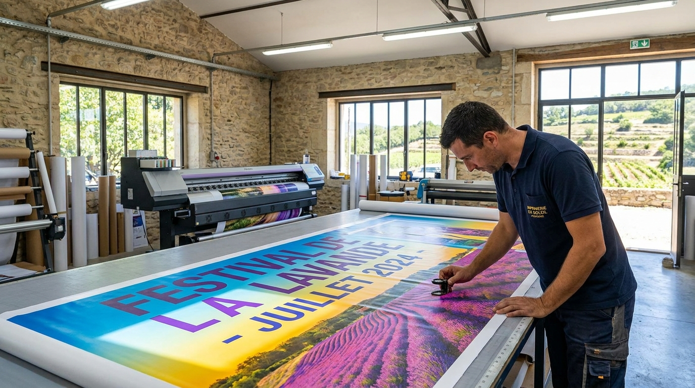 Technicien APPLIQUE inspectant une bâche imprimée grand format dans l'atelier de Montpellier