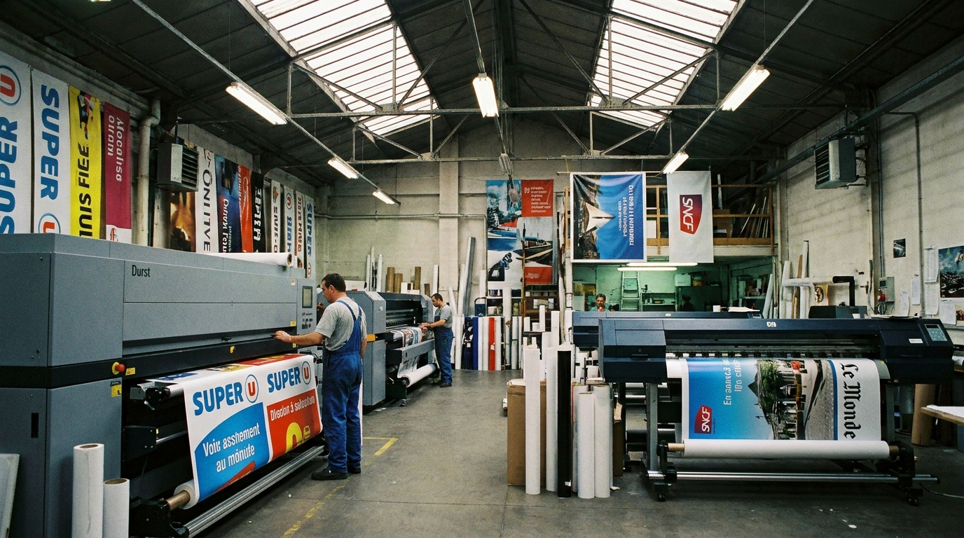 Atelier d'impression grand format avec machines et rouleaux de vinyle signalétique