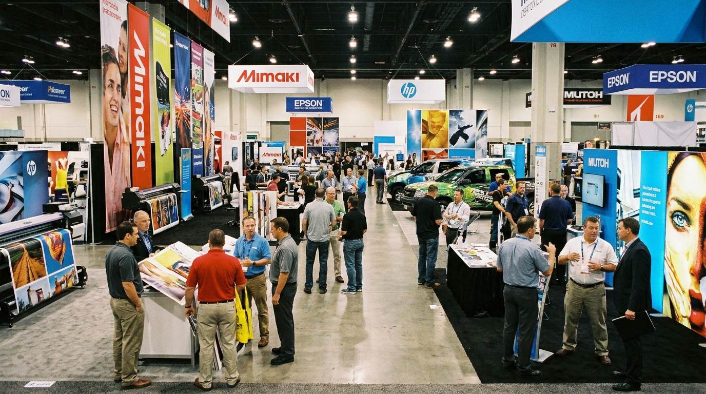 Stand d'impression grand format au salon FESPA, avec bannières et signalétique exposées