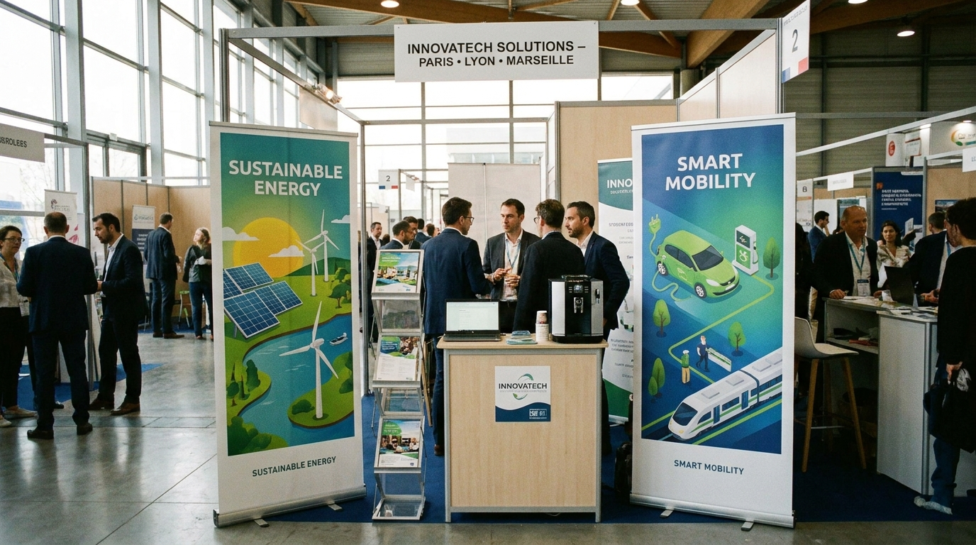 Stand de salon professionnel avec deux kakémonos roll-up imprimés grand format encadrant un présentoir