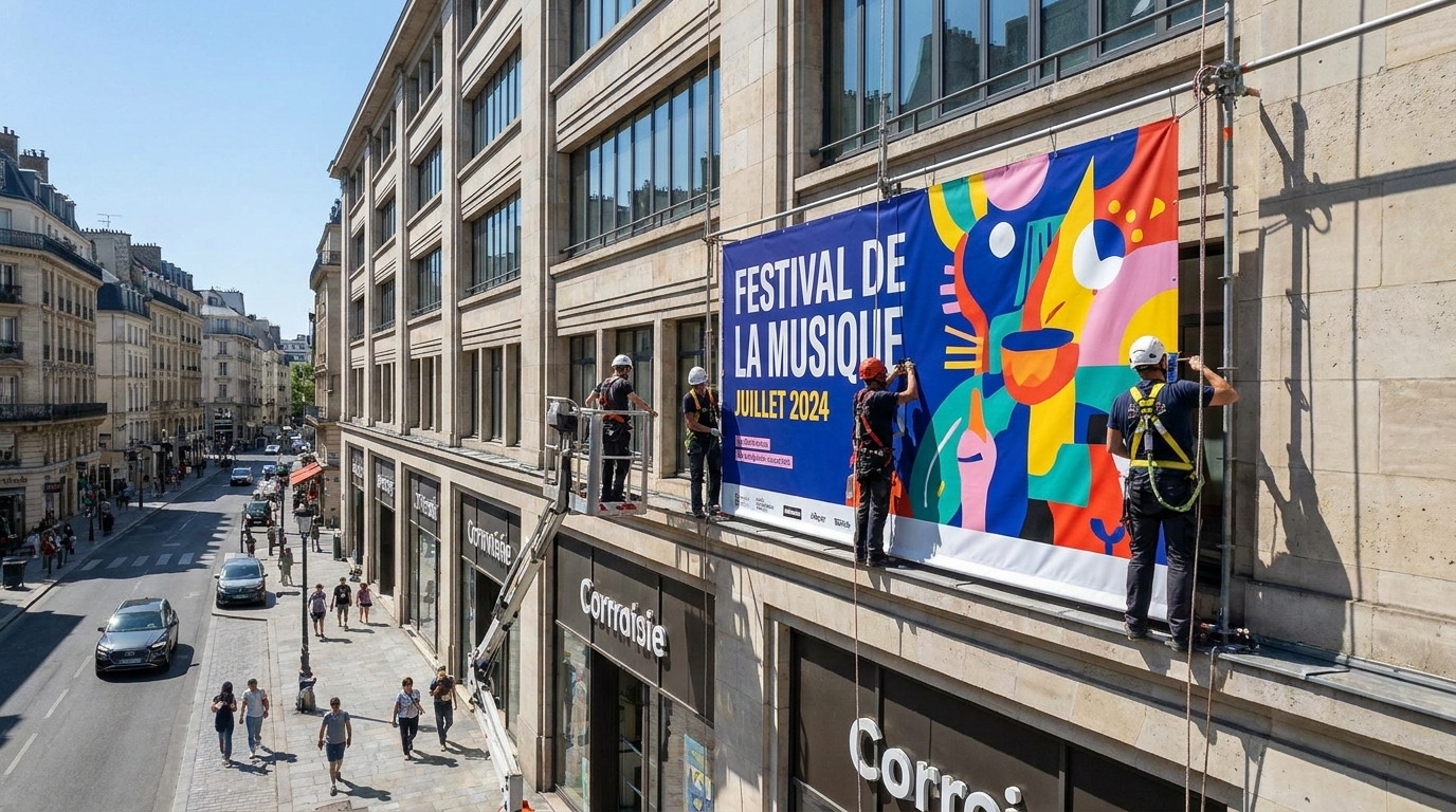 Installation d'une bâche publicitaire grand format sur la façade d'un commerce à Montpellier