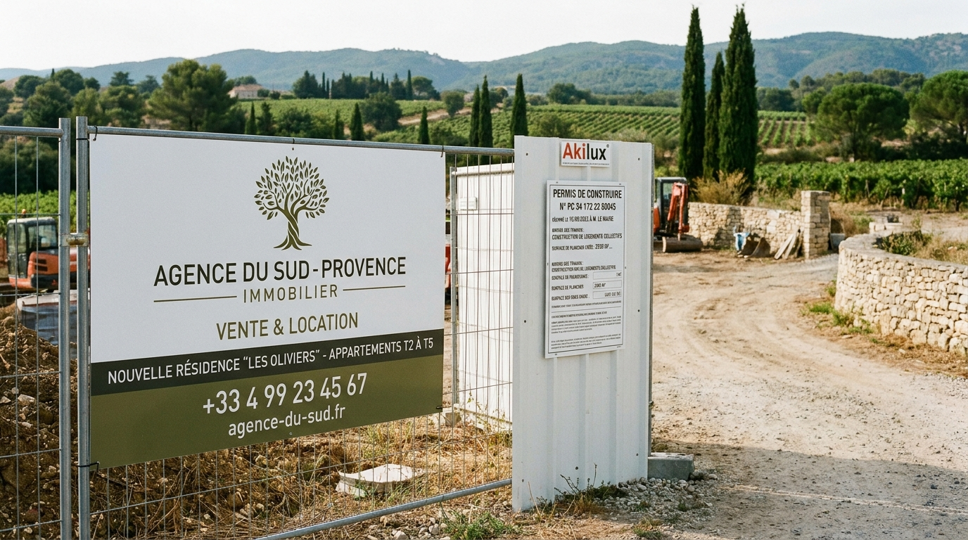 Panneaux rigides Dibond et Akilux installés sur un grillage de chantier à Montpellier, signalétique immobilière et affichage réglementaire