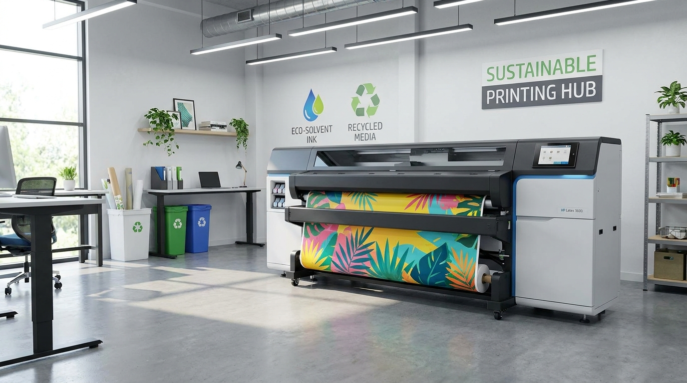 Machine HP Latex en fonctionnement dans un atelier d'impression grand format, avec une bâche en cours d'impression aux couleurs vives, atelier propre sans équipement de ventilation visible