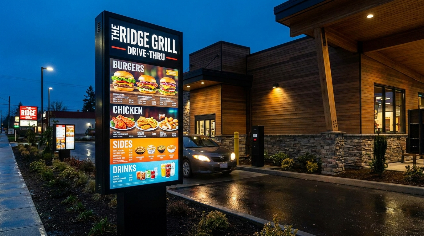 Totem de menu drive restaurant en aluminium avec caisson lumineux LED éclairant une carte de restauration rapide, vue depuis l'habitacle d'un véhicule en file d'attente extérieure
