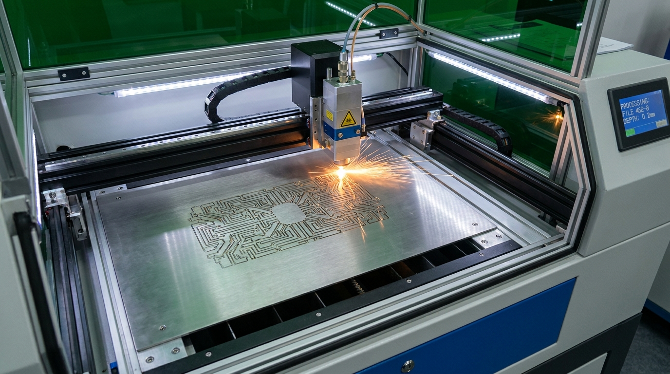 Atelier de gravure laser sur métal inoxydable : gros plan sur une tête laser en action gravant une plaque professionnelle, étincelles légères visibles, fond sombre industriel