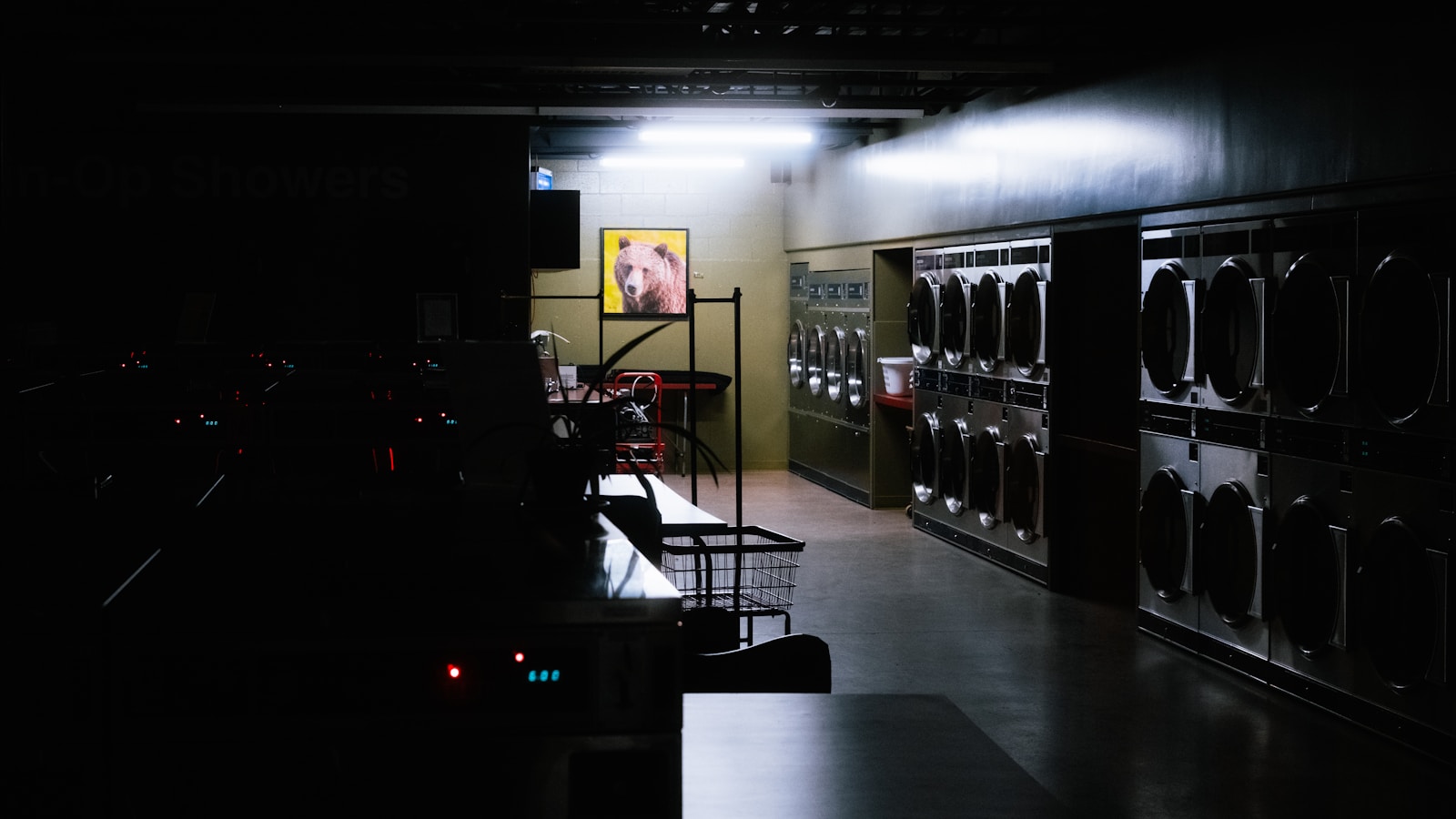 Rangée de machines à laver dans une laverie automatique avec affichage mural des tarifs